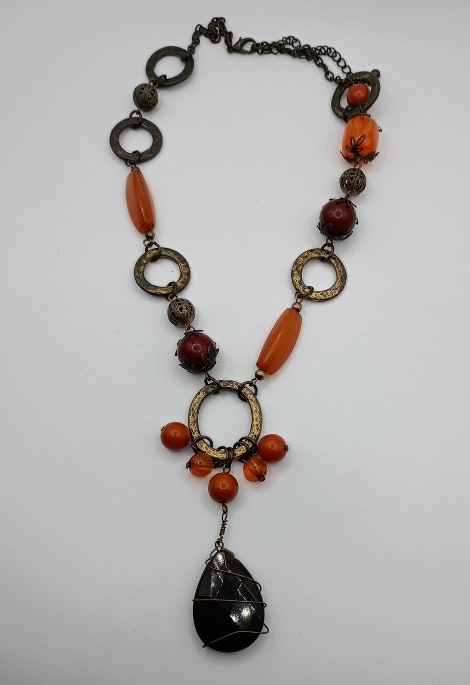 Vintage Beaded Statement Necklace with Smoky Faceted Wire-Wrapped Pendant